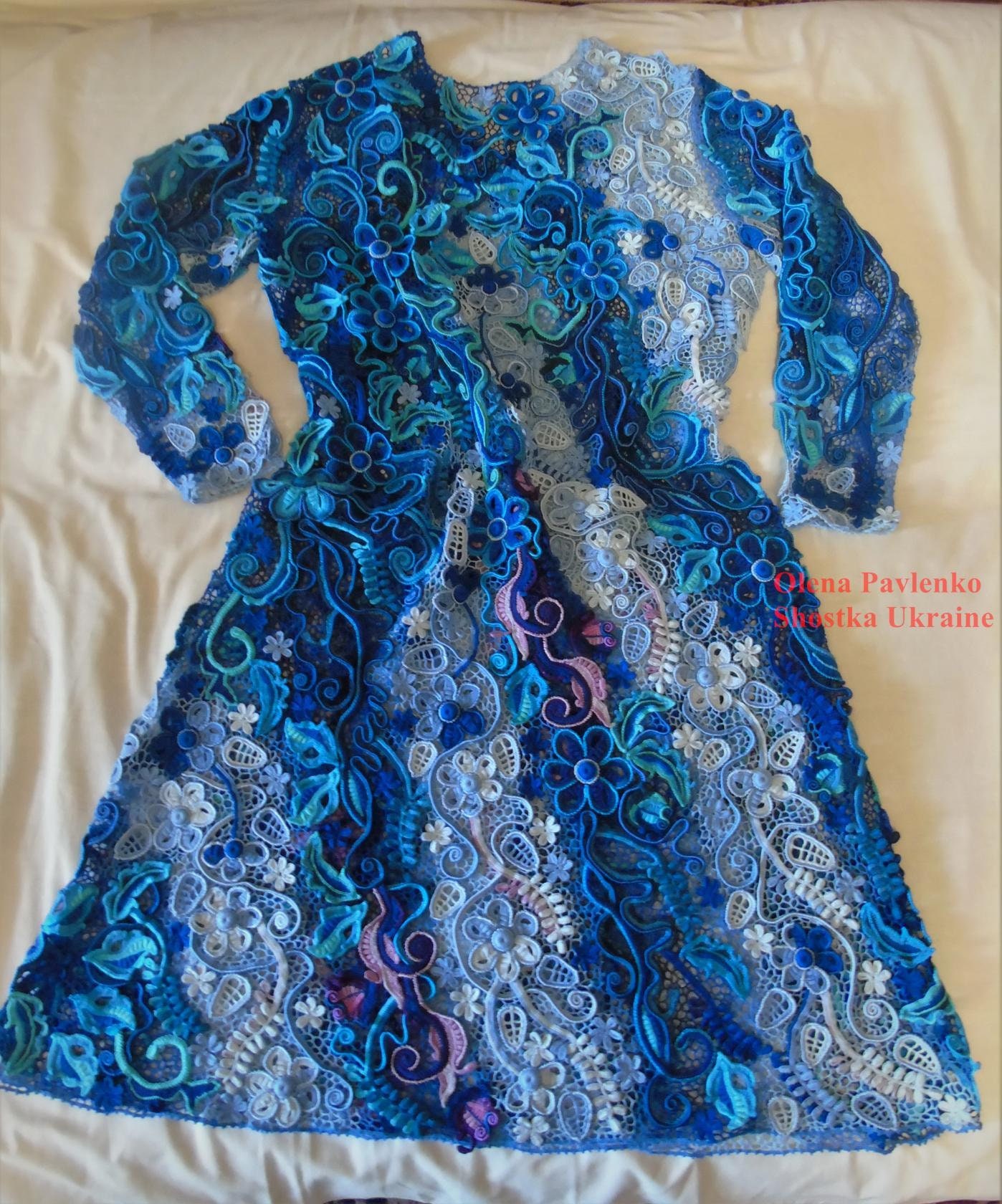 Evening Lace Blue Dress. Knitting. Irish Lace. Dress sapphire on an
