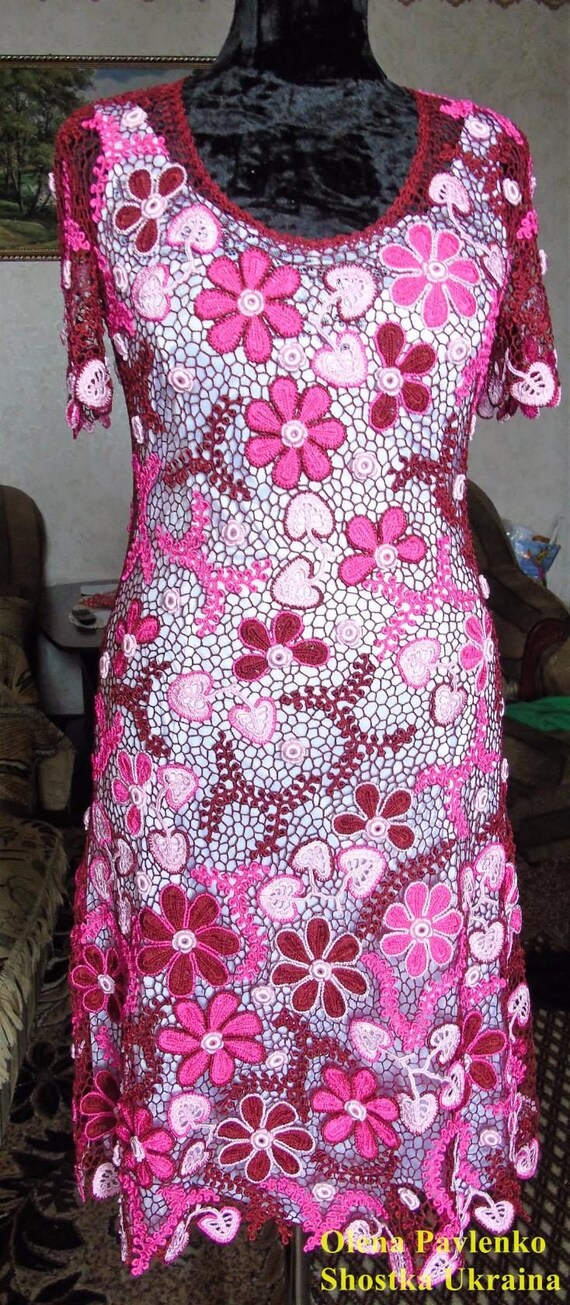 Knitting. Irish Lace Crochet Dress. Cocktail Dress. Dress Cocktail of Flowers. Knitting to Order