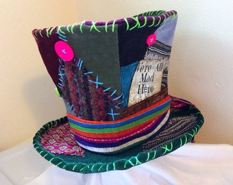 Mad Hatter hat, Burning man, Top Hat, costume hat, Festival accessories, hippie patchwork, handmade top hat