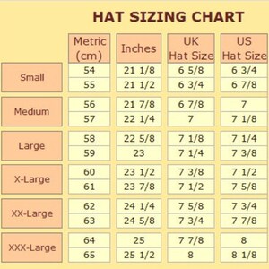May include: A hat sizing chart showing hat sizes in inches and centimeters, with UK and US equivalents. Sizes range from small to XXX-large, with measurements such as 21 1/8 inches (54 cm) for a small hat.