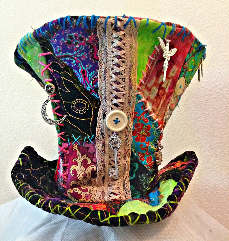 Mad Hatter hat Costume Hat. Men/'s wedding hat Custom patchwork Top Hat Burning man hat Tea party Alice in Wonderland