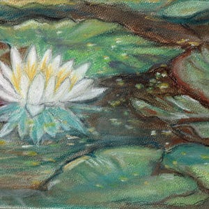 Puede incluir: Dibujo al pastel de un nenúfar en un estanque. La flor es blanca con acentos amarillos y azules, rodeada de hojas de nenúfar verdes y agua marrón. La obra de arte tiene una apariencia texturizada.