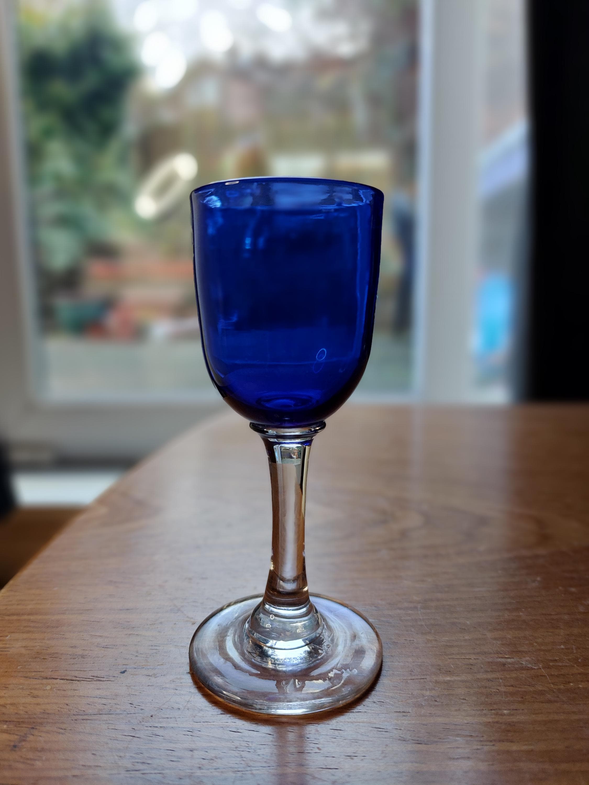 Small Victorian Liquer / Port glass. Antique Victorian Bristol Blue  glassware. Affordable Antique Victoriana., image size:2250x2999