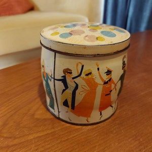 Vintage 1950s Mid-Century Pascal White Heather Chocolate tin. Vintage Kitchen Storage. Vintage Masquerade treasure box tin.
