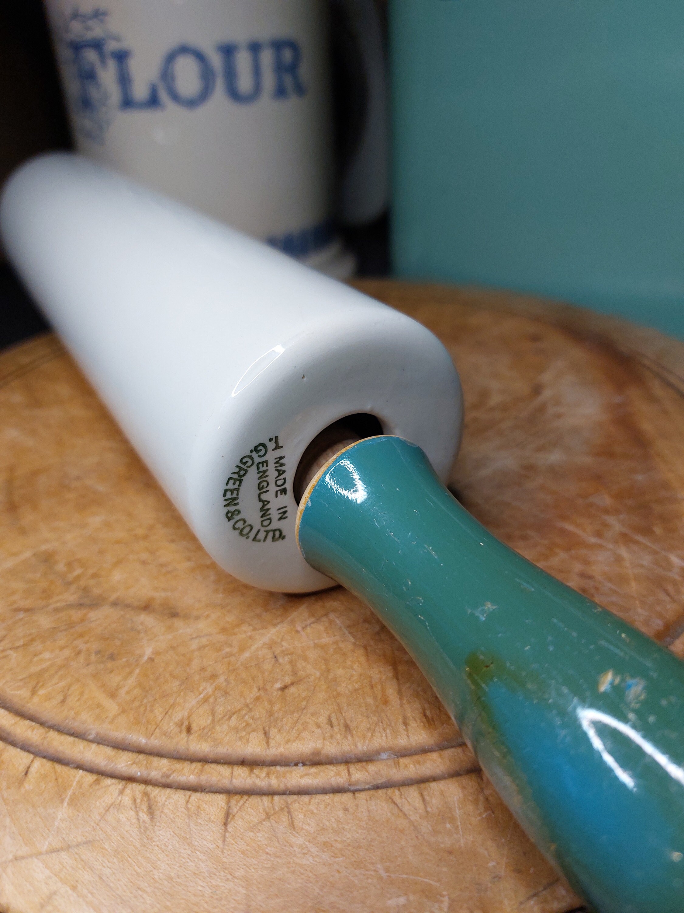 Midcentury 1950s TG Green Rolling Pin. Vintage Ceramic Rolling Pin