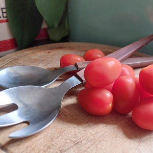 Mid-Century Teak and Stainless steel Danish Salad Servers. 1970s Vintage Kitchen utensils. Vintage Kitchenalia.