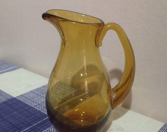 Vintage 1970s Amber glass hand blown jug Pitcher. Small vintage water, whisky jug. Vintage Glassware.