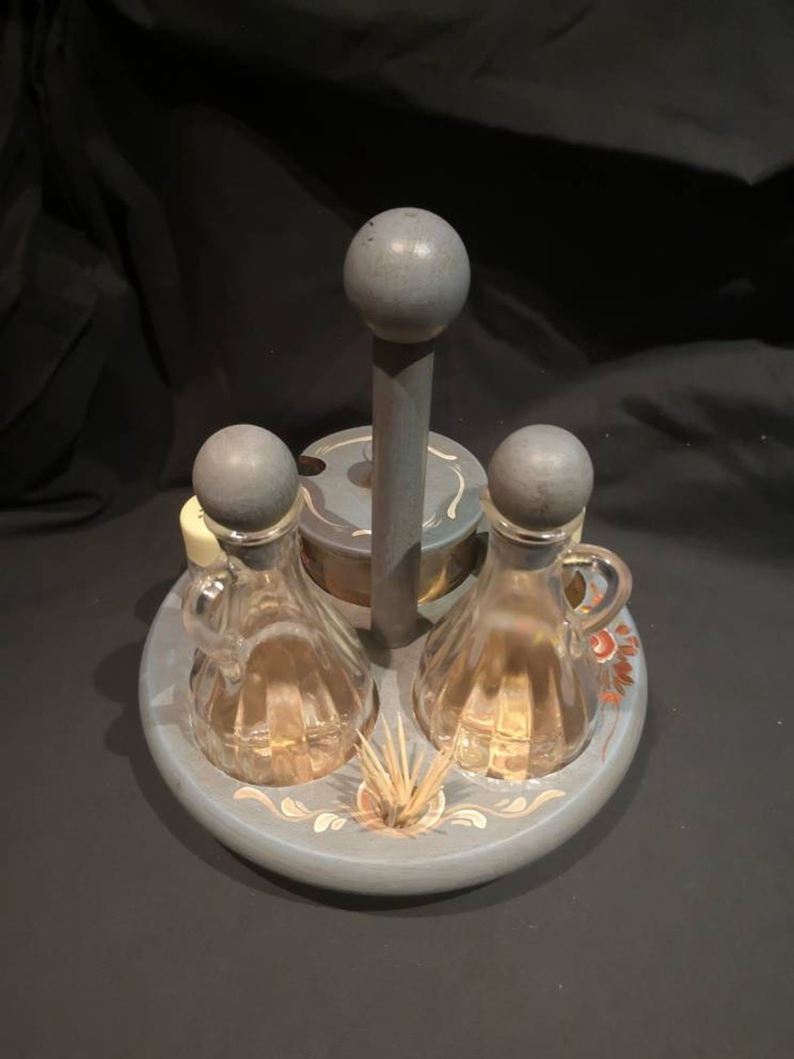 Vintage 1970s Wooden Cruet Set and Holder. Hand Painted Shabby Etsy