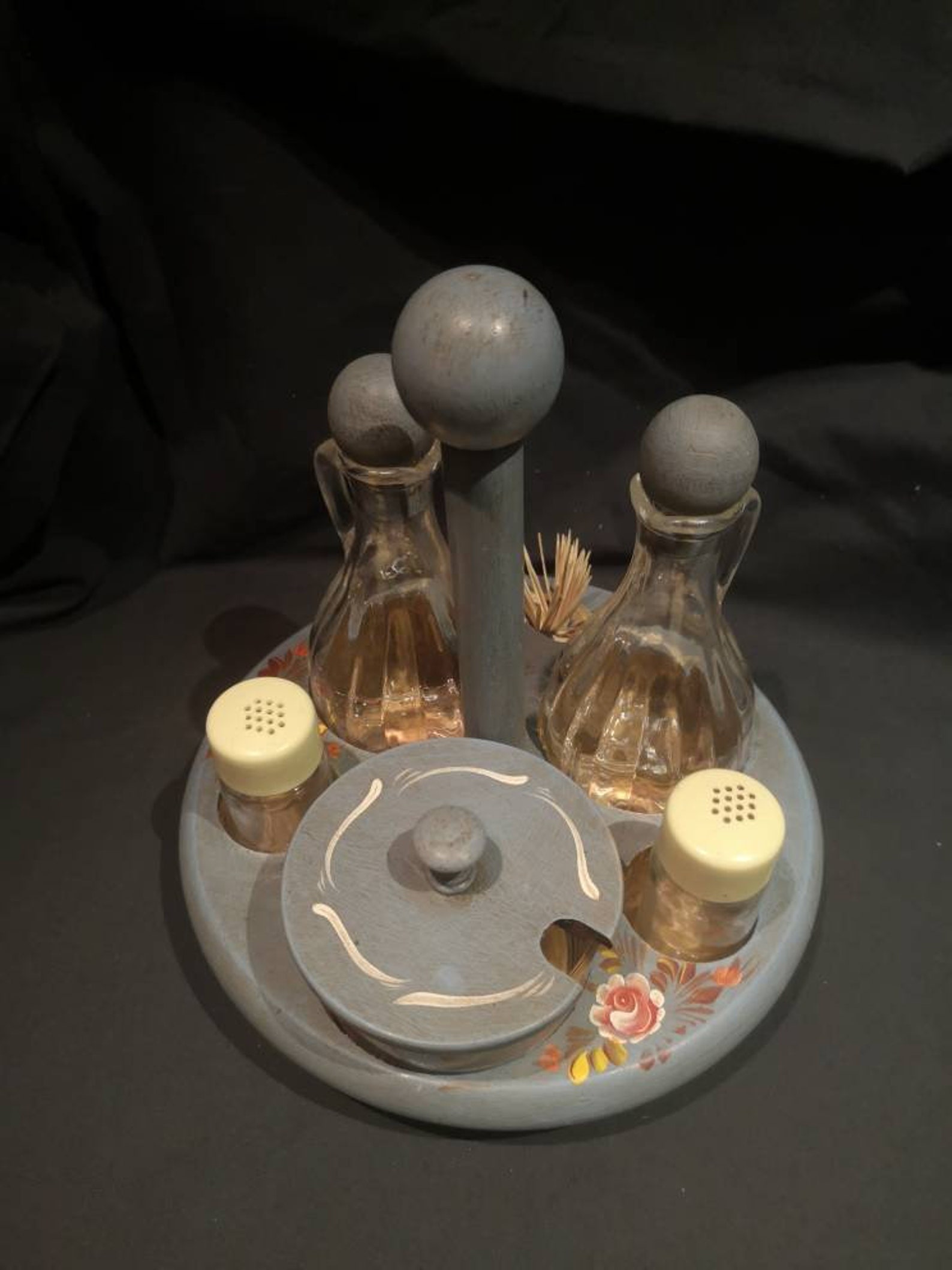 Vintage 1970s Wooden Cruet Set and Holder. Hand Painted Shabby Etsy