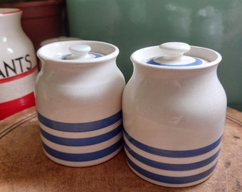 Two Vintage Kleen Kitchen Ware Blue and White ceramic storage jars. Vintage Cornishware from Sadler Kleenware