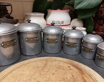 Set of 6 Vintage French aluminium kitchen storage jars. French 1950s kitchen storage pots.