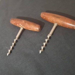 Pair of Vintage Corkscrews with tactile wooden handles. Mid-century Wooden handled corkscrew. Wine Corkscrew.