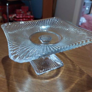 Vintage Art Deco pressed glass Cake Stand / Centrepiece. Pedestal geometric glass cake stand / Bon Bon platter. image 2