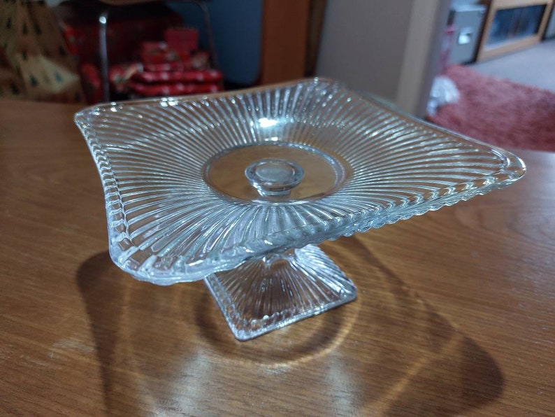 Vintage Art Deco pressed glass Cake Stand / Centrepiece. Pedestal geometric glass cake stand / Bon Bon platter. image 2