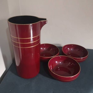 Vintage Japanese Inspired Lacquer ware. Lacquer ware miso soup bowls with server / Jug. Vintage Lacquer ware Jug and 3 bowl set.
