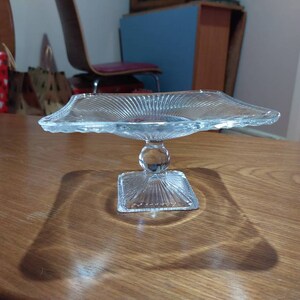 Vintage Art Deco pressed glass Cake Stand / Centrepiece. Pedestal geometric glass cake stand / Bon Bon platter. image 3