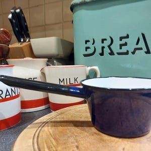 Vintage Enamelware Saucepan milk pan. Vintage blue enamel pan. Camping Vanlife enamel cookware.