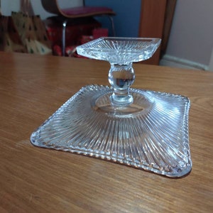 Vintage Art Deco pressed glass Cake Stand / Centrepiece. Pedestal geometric glass cake stand / Bon Bon platter. image 5