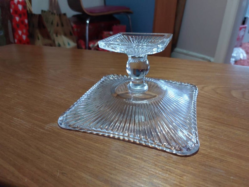 Vintage Art Deco pressed glass Cake Stand / Centrepiece. Pedestal geometric glass cake stand / Bon Bon platter. image 5