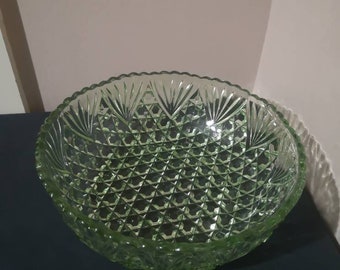 Vintage  Pressed Green Glass Belgian made Serving Bowl, Dessert Bowl, Fruit Bowl. Vintage Glassware.