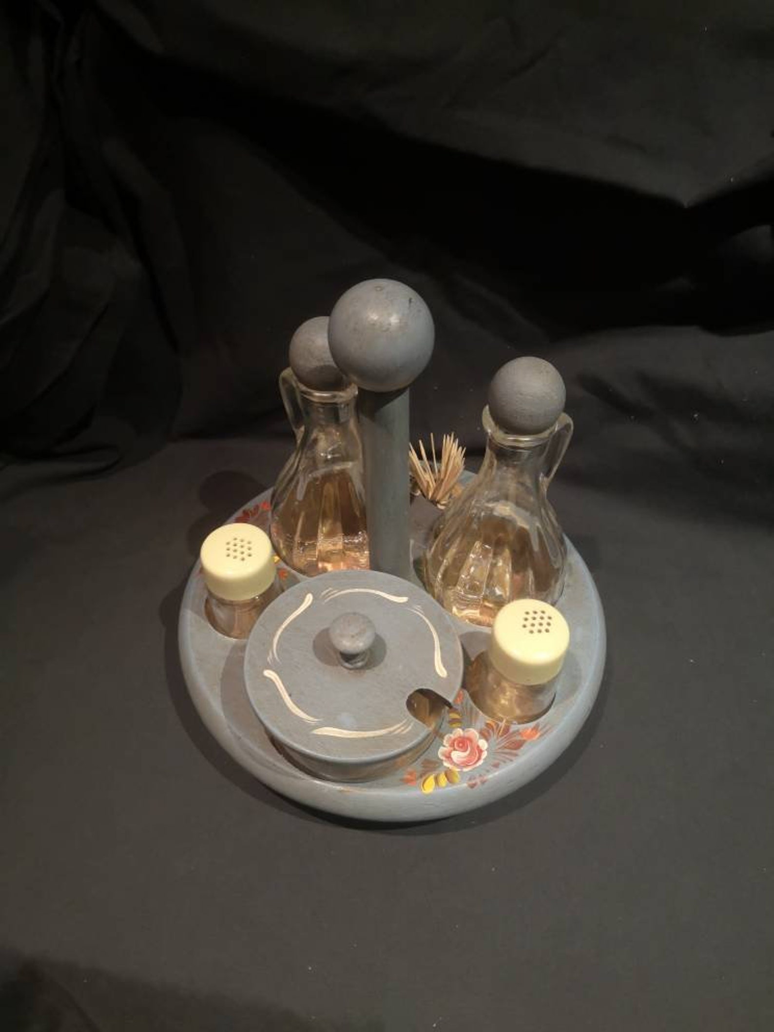 Vintage 1970s Wooden Cruet Set and Holder. Hand Painted Shabby Etsy
