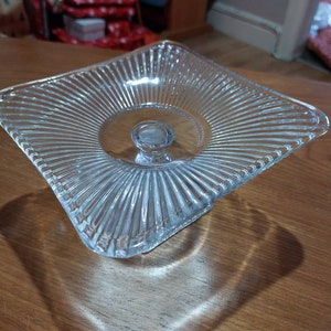 Vintage Art Deco pressed glass Cake Stand / Centrepiece. Pedestal geometric glass cake stand / Bon Bon platter. image 1