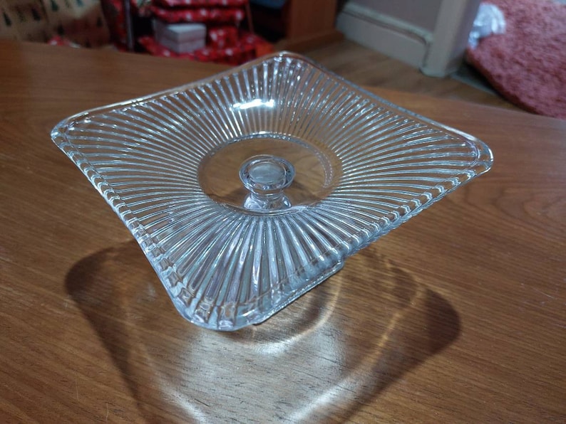 Vintage Art Deco pressed glass Cake Stand / Centrepiece. Pedestal geometric glass cake stand / Bon Bon platter. image 1