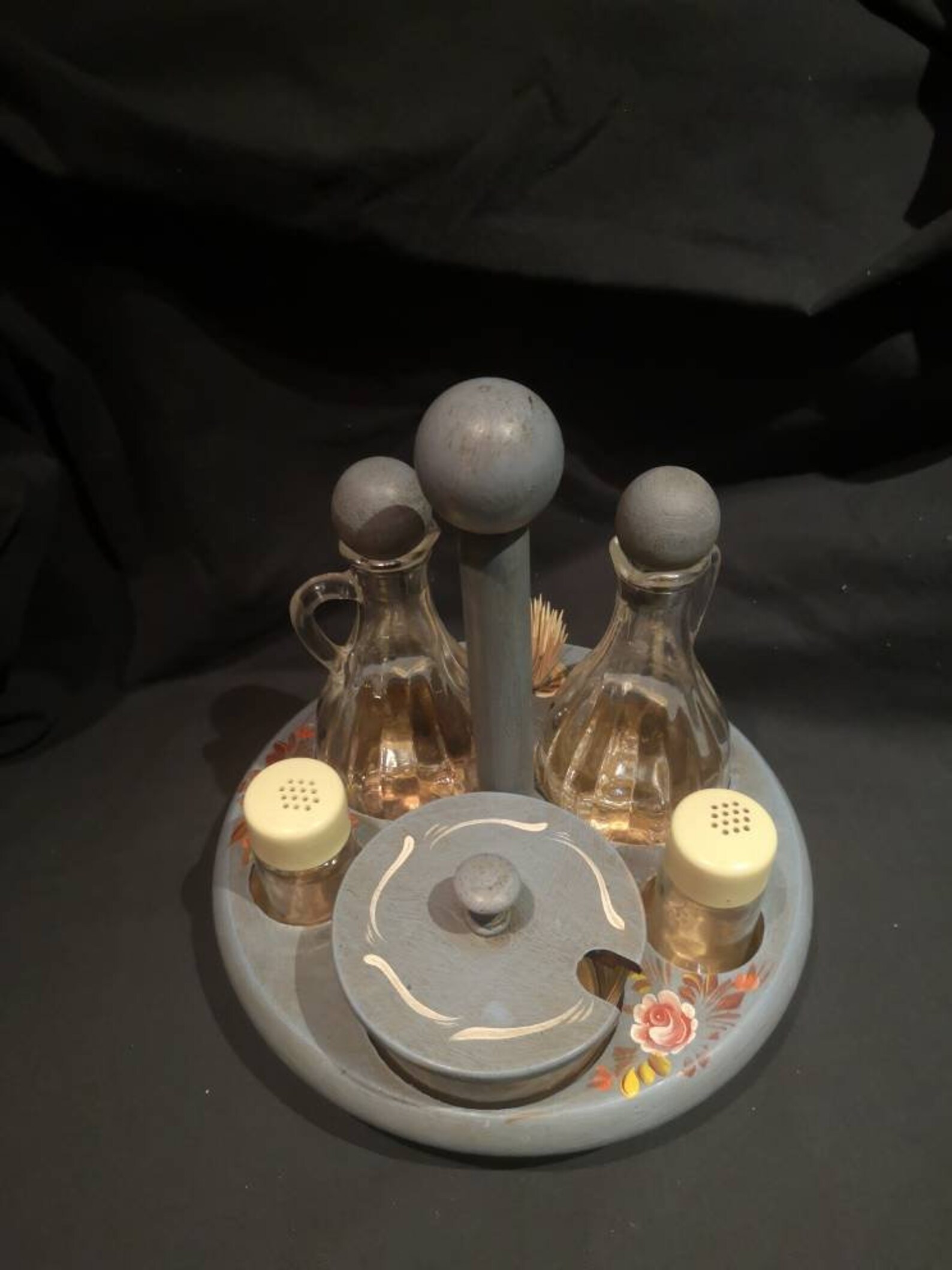 Vintage 1970s Wooden Cruet Set and Holder. Hand Painted Shabby Etsy