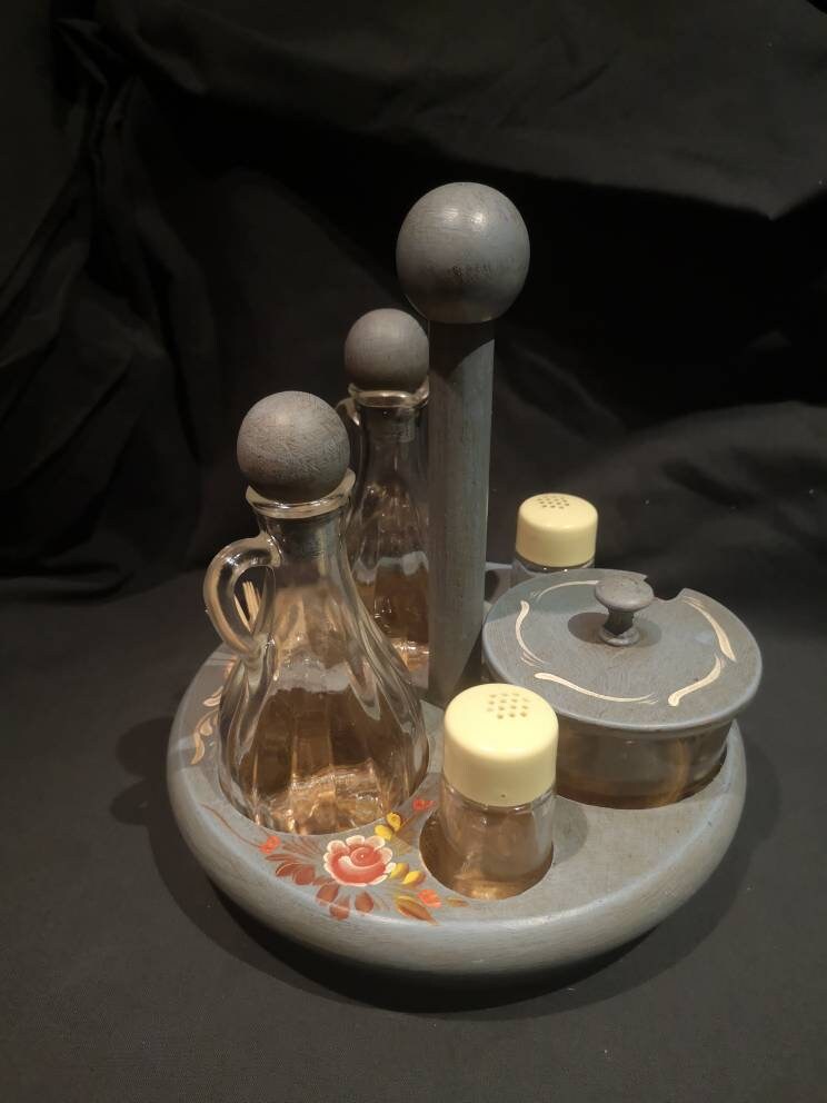 Vintage 1970s Wooden Cruet Set and Holder. Hand Painted Shabby Etsy