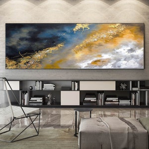Large Abstract Painting,Modern abstract painting,oil hand painting, gold canvas painting, blue abstract painting, Large Panoramic Art LA0193