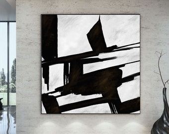 Œuvre abstraite minimaliste en noir et blanc, formes noires élégantes sur toile, cadeau de décoration murale de chambre à coucher de luxe, art noir pour le couloir