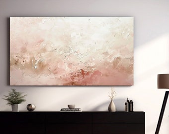Oeuvre d'art abstraite surdimensionnée rose et beige sur toile, déco minimaliste rose poudré doux, peinture rose originale pour chambre, cadeau mural de Noël