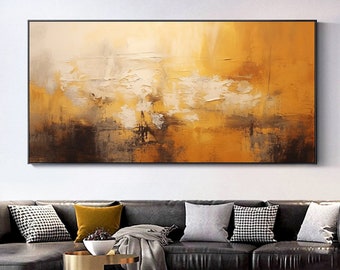 Modern goudbruin abstract canvas schilderij, unieke originele gele wanddecoratie, groot kerstmuuridee, luxe gouden kamerkunstwerk