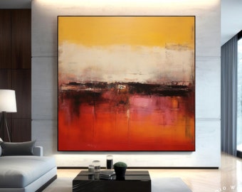 Peinture murale surdimensionnée rouge et jaune peinte à la main, oeuvre d'art acrylique pour décoration moderne, art horizon minimaliste à personnaliser, oeuvre d'art personnalisée pour la maison