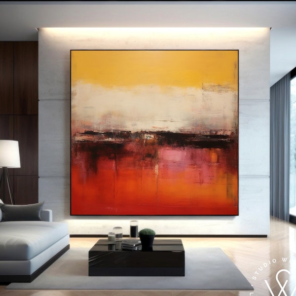 Peinture murale surdimensionnée rouge et jaune peinte à la main, oeuvre d'art acrylique pour décoration moderne, art horizon minimaliste à personnaliser, oeuvre d'art personnalisée pour la maison