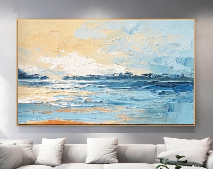Opera d'arte moderna dell'oceano blu con trama pesante, grande arte minimalista da parete su tela sull'oceano, arte su tela di spiaggia costiera di grandi dimensioni, arte blu calmante