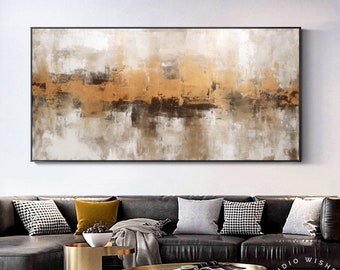 Beautiful Gold & Brown Canvas Wall Art, Oversized Beige Artwork On Canvas, Narrow Panoramic Abstract Wall, Large Panoramic Canvas Artwork