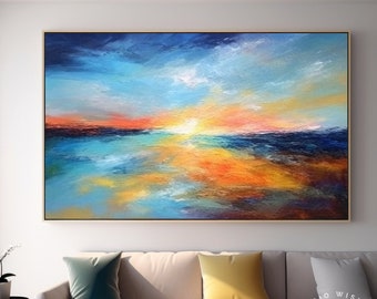 Magical Blue & Orange Ocean Artwork On Canvas, Extra Large Blue Seascape Wall Decor, Custom Living Room Painting, Blue Sea Sky Room Art