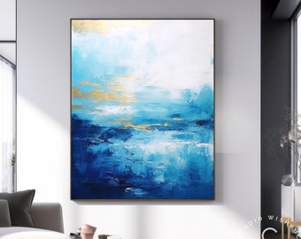 Original Blue Sea Abstract Painting On Canvas, Navy Blue Canvas Wall Art, Sky Landscape Artwork For Dining Room, Natural Canvas Art For Gift