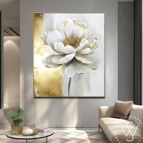 Abstract Gold Floral Oil Painting On Canvas, White Peony Art With Gold Leaf, Modern Gold Foil Art For Living Room Wall Decor, Office Decor