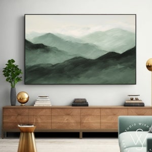 Extra Large Minimalist Green Painting On Canvas, Fancy Mountain Peaks Wall Art, Scandinavian Wall Decor, Mountain Art For Home & Office