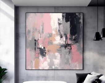 Oversized Trendy Pink & Grey Abstract Wall Art, Fancy Palette Knife Artwork For Room, Contemporary Unique Artwork, Canvas Art For Gifts