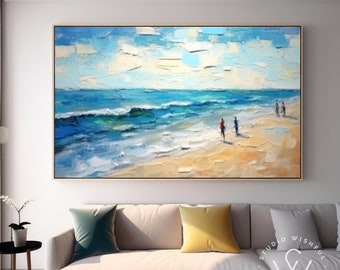 Large Original Beach Painting On Canvas, Fancy Modern Blue Ocean Artwork, Blue Sea Scene Canvas Art, Unique Beach Art Gifts, Spiritual Room