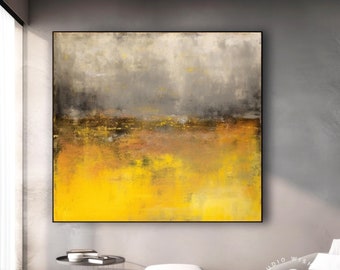 Extra Large Original Yellow Minimalism Painting, French Beige & Yellow Abstract Wall Art Decor, Large Abstract Landscape For Living Room