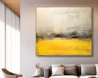Pintura abstracta original amarilla y marrón sobre lienzo, arte minimalista grande beige amarillo, arte de pared de lienzo moderno elegante, arte de sala de estar