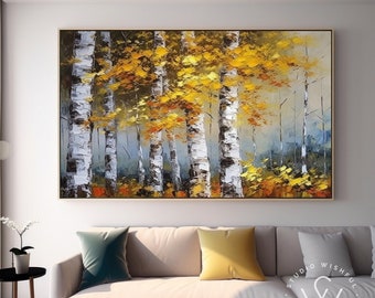 Original Birch Tree Oil Painting On Canvas, Yellow Autumn Birch Forest Landscape Painting, Birch Tree Landscape Art For Living Room Wall Art