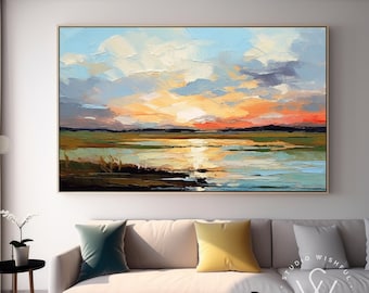 Beautiful Sunset Landscape Painting On Canvvas, Original Palette Knife Nature Art, Fancy Landscape Wall Art, Bedroom Wall Decor Gifts