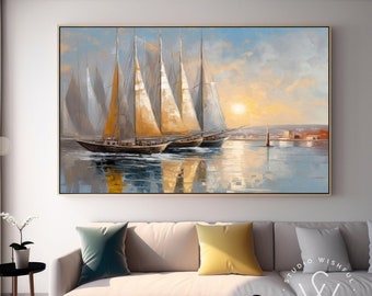 Original Sailboat Harbor Acrylic Painting, Handmade Nautical Art on Canvas, Large Sailboat Oil Painting For Dining Room Or Home Decor