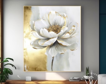 Belle oeuvre d'art de pivoine blanche avec feuille d'or, oeuvre d'art florale moderne en feuille d'or brillant, peinture de fleurs de luxe pour chambre, oeuvre d'art à personnaliser pour le salon