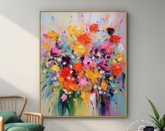 Colorful Floral Landscape Painting On Canvas, Modern Flower Palette Knife Wall Art, Modern Flowers Canvas Art, Living Room Wall Art Decor